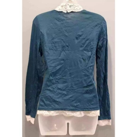 3/$20 Lace Trim Turtleneck Teal Top Long Sleeve Romantic Feminine Blouse - Picture 8 of 8